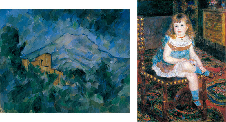 左　セザンヌ《サント=ヴィクトワール山とシャトー・ノワール》1904-06年頃／右　ピエール＝オーギュスト・ルノワール《すわるジョルジェットジョルジェット・シャンパルティエ嬢》1876年　石橋財団ブリヂストン美術館蔵