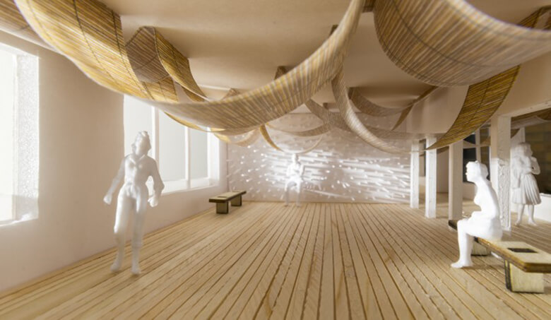 竹のすだれ天井や、竹でできた家具のある研修スペース