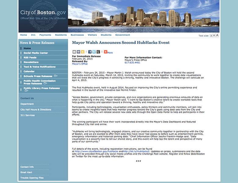 ボストン市の以前のWebサイト 引用元:CITY OF BOSTON DIGITAL INITIATIVES 公式サイト